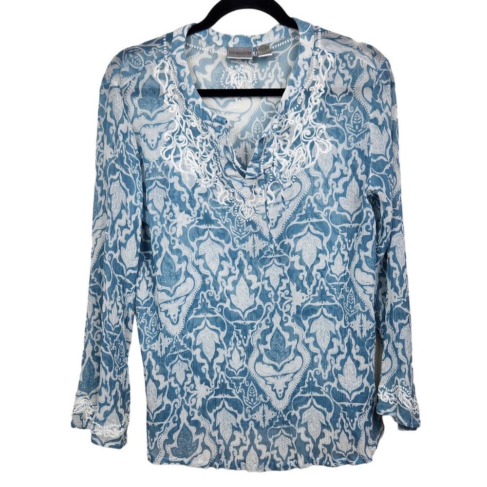 🌼Chico's Blouse Womens Size 1 US M/8 Blue White Silk Embroidery Trim Sheer - Picture 3 of 11